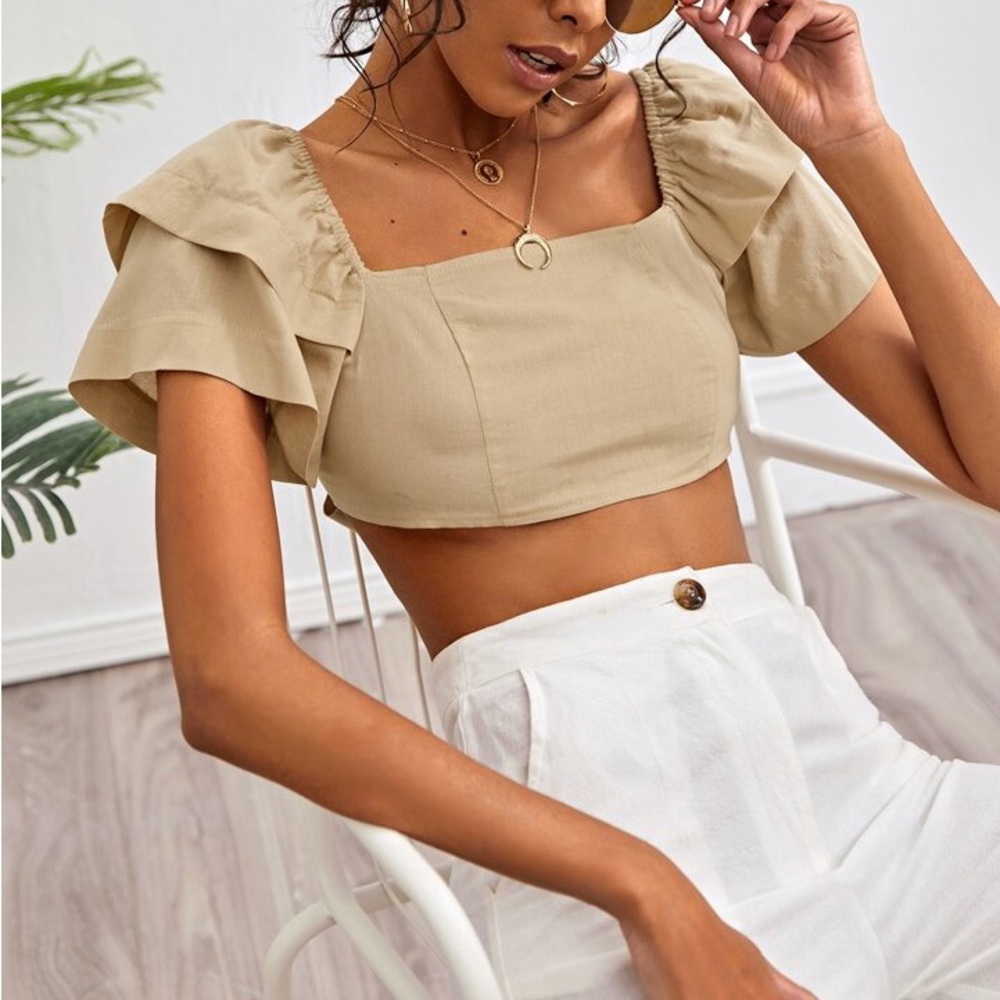 Beige Ruffle Sleeve Backless Tie Crop Top